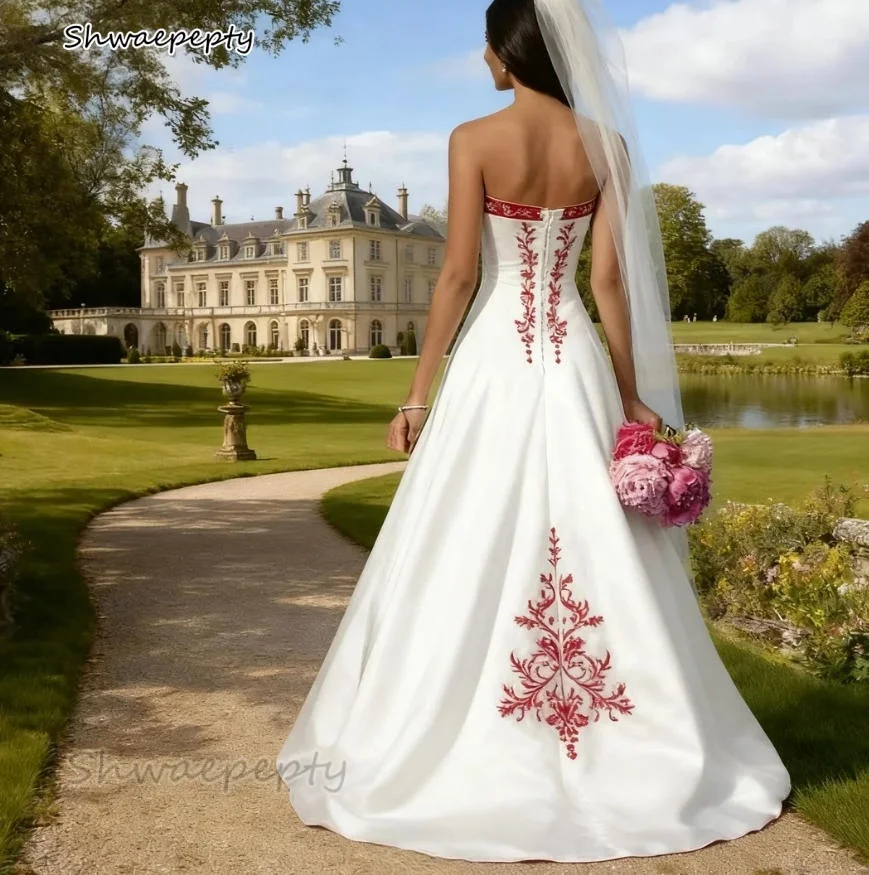 Vestido De novia blanco y rojo bordado elegante, cola De barrido, corte en A, vestidos De novia sin tirantes De satén, batas De novia personalizadas