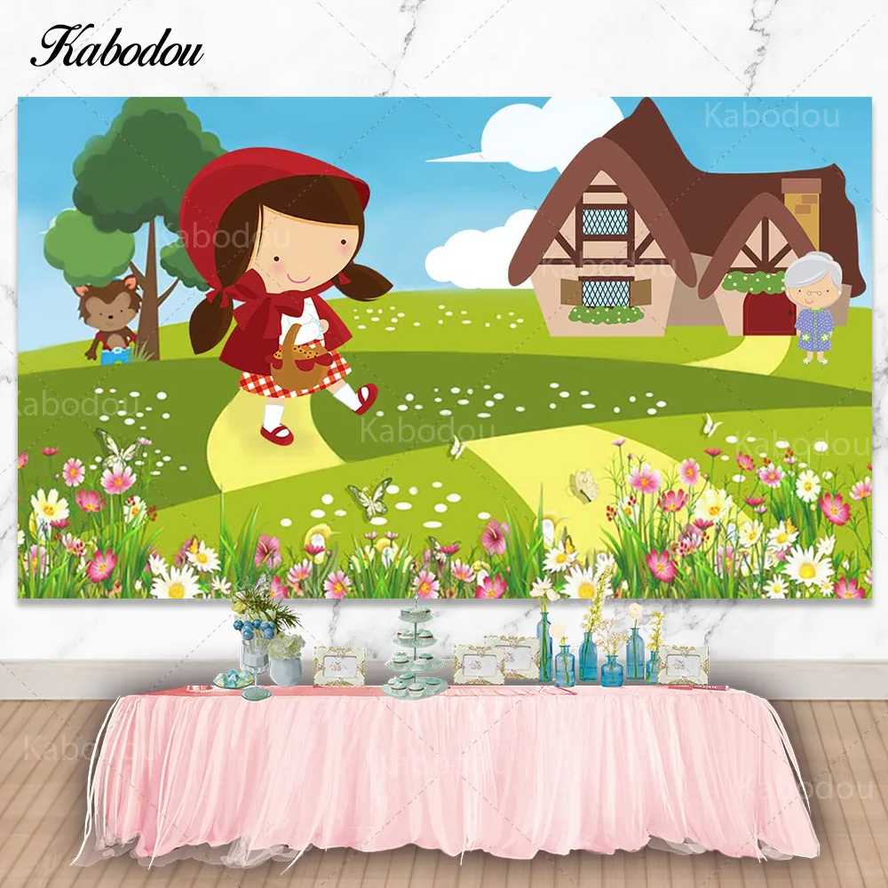 Kabodou Little Red Riding Hood Photo Backdrop Girls Birthday Photography Background Grass Vinyl Polyester Decorations Banner