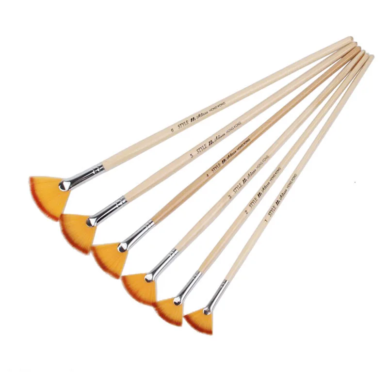 Duplo Nylon Cabelo Acrílico Brush Set, Forma Fan, Pintura a óleo Pen, Acrílico Suit, Art Supply, Artista, grande área, 6pcs