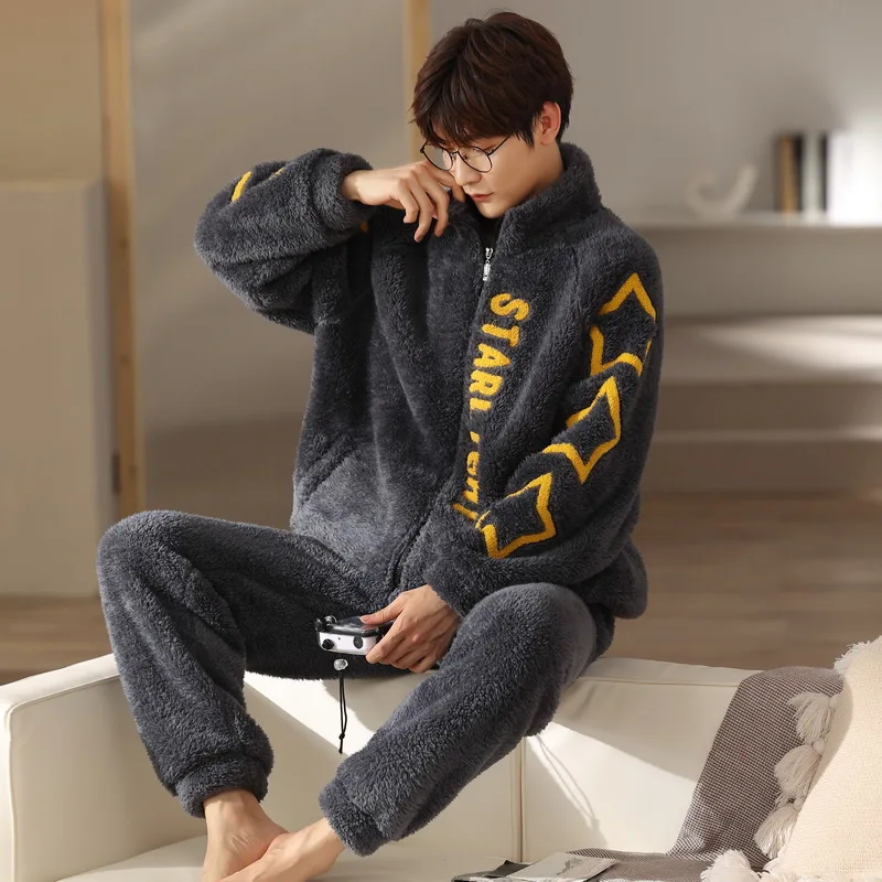 Newest Autumn Winter Thick Warm Flannel Pajamas Set  Men\'s Coral Fleece Pijama Hombre Casual Soft Pyjama