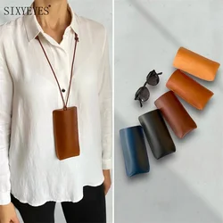 Solid Pu Leather Glasses Bag Case with Strap Hanging around The Neck Eyeglasses Lanyard Storage Pouch Sunglasses Storage Holder