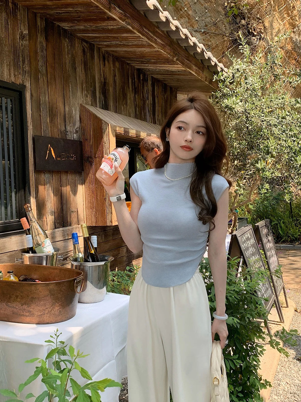 

OnlyNee SlimAngel Summer Thin Basic Knitted ort Sve f High Collar T-irt Commute Pure Desire Women's Faion Top