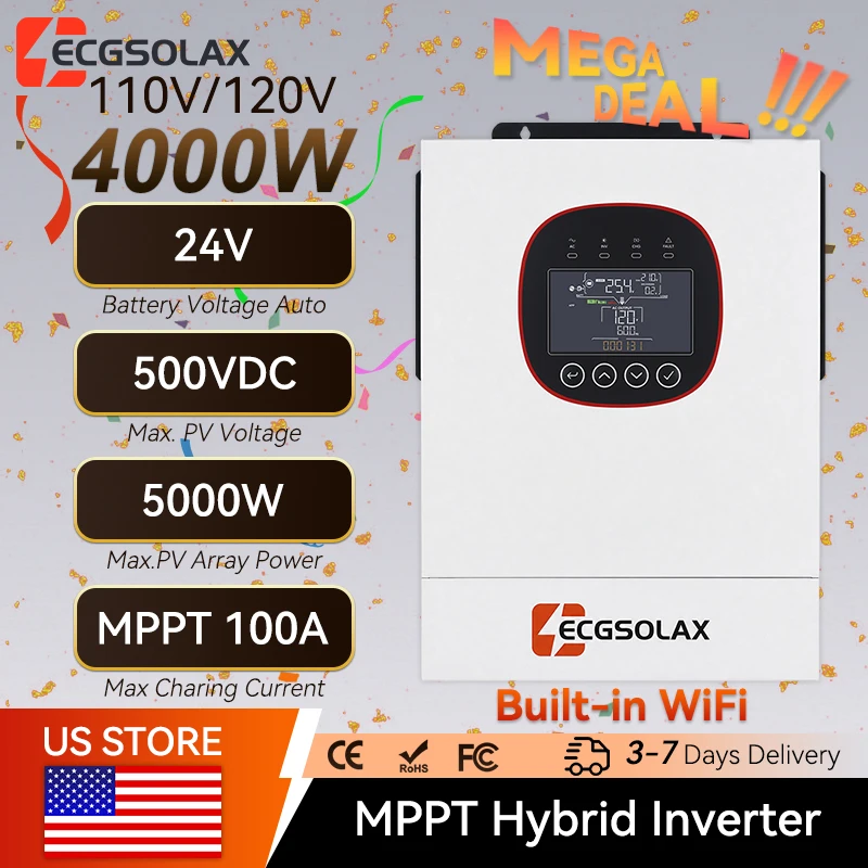 ECGSOLAX 5KW 24V Hybrid Solar Inverter 110/120V Built-in Off Grid Inverter Built in MPPT 100A Solar Charge Home inverter