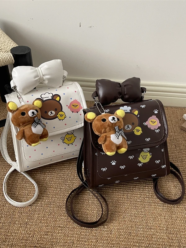 Cute Bear Cartoon  Backpack Women's Commuter School Bag  Knot Soft Leather Backpack Summer 2026 New Arrival