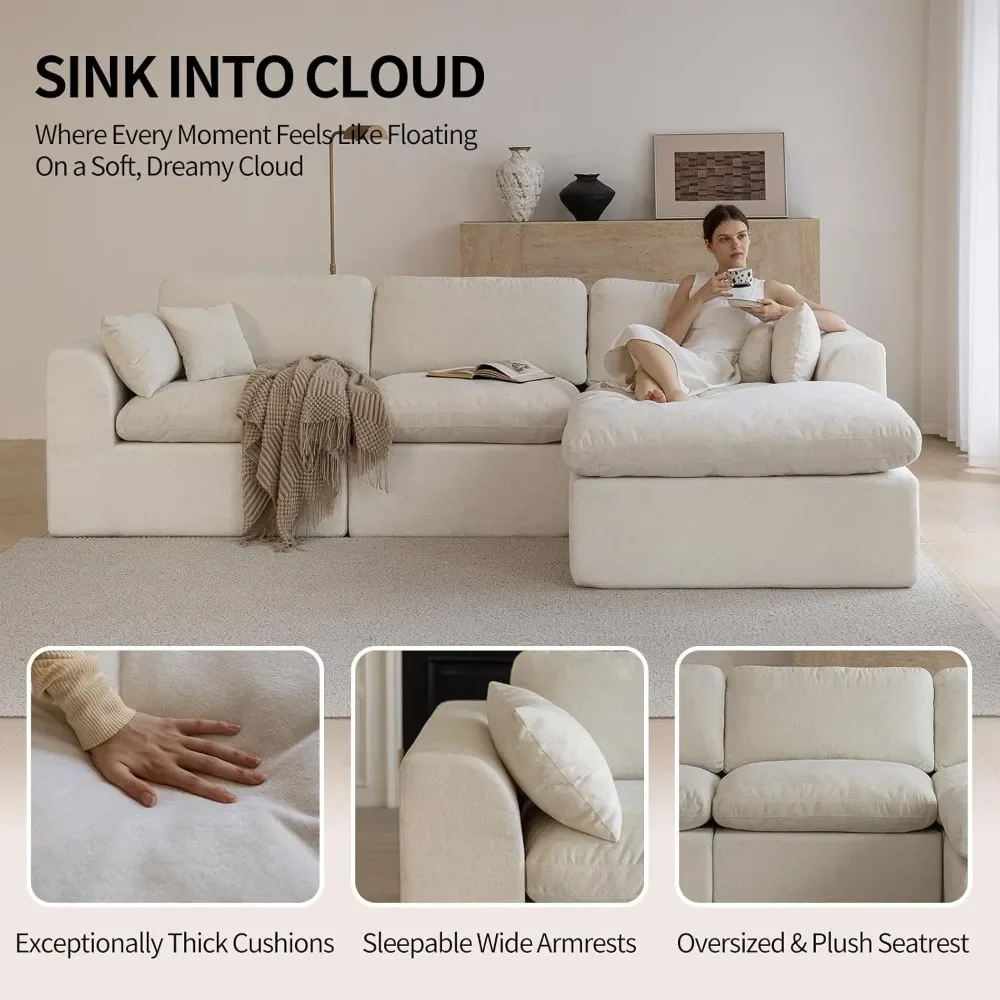 

115''Cloud Sectional Couch, Modern L-Shape Sofa with Ottoman, Oversized Convertible 3 Seater Modular Couches for Living Room