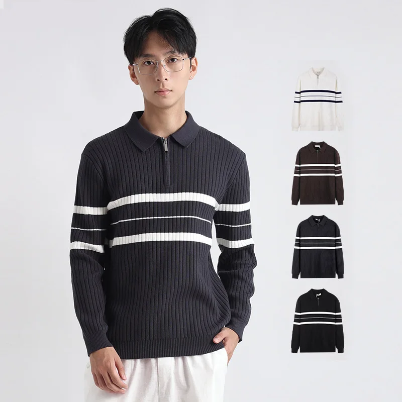 

Men's Business Casual Fashion Vintage Stripe Loose Pullover Knitted Sweater Lapel Zipper Long Sleeve Polo Shirts Knitwear Tops