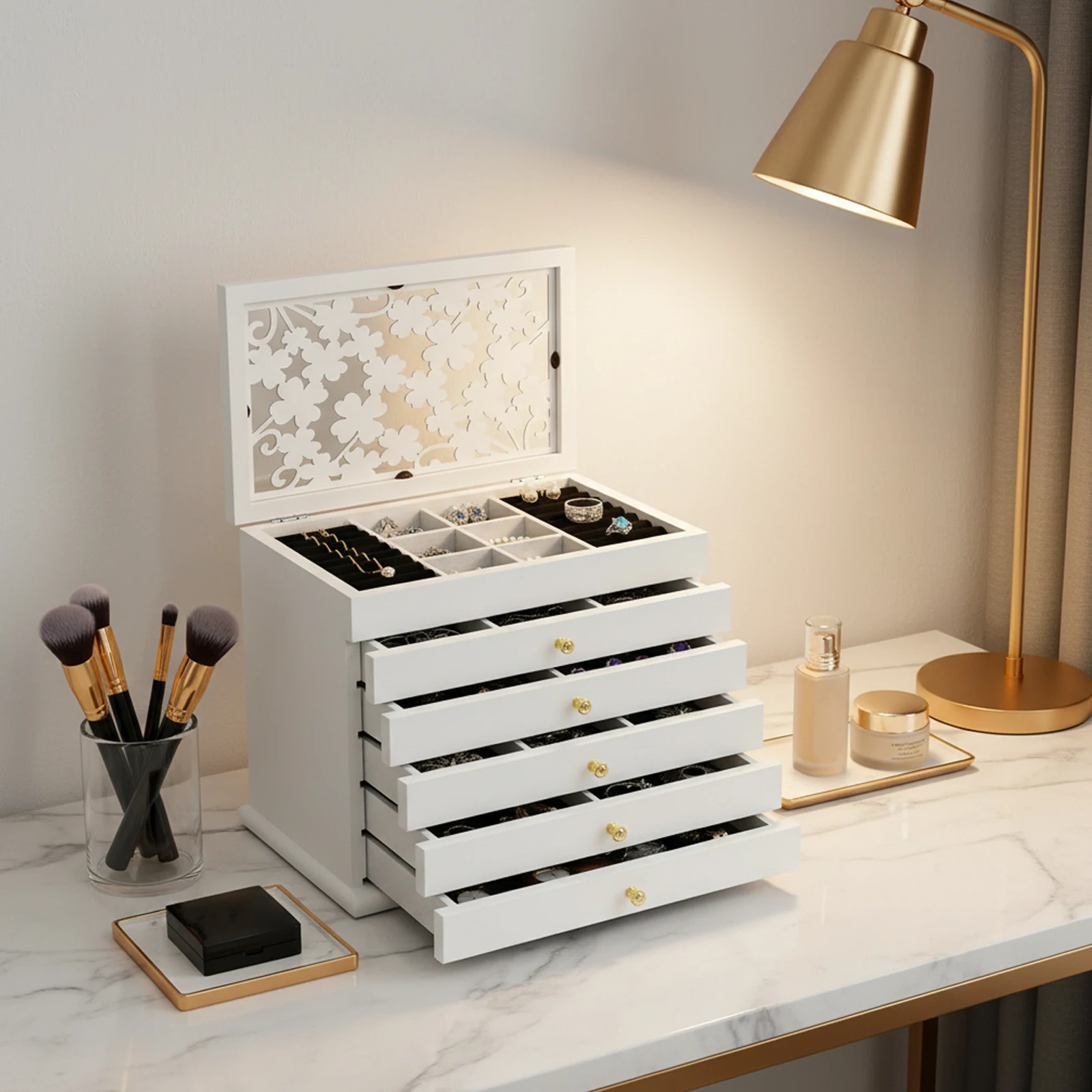 

Шестиярусная деревянная шкатулка для украшений, большая роскошная шкатулка для колец с бархатной подкладкой, органайзер для хранения ювелирных изделий, коричневый/белый