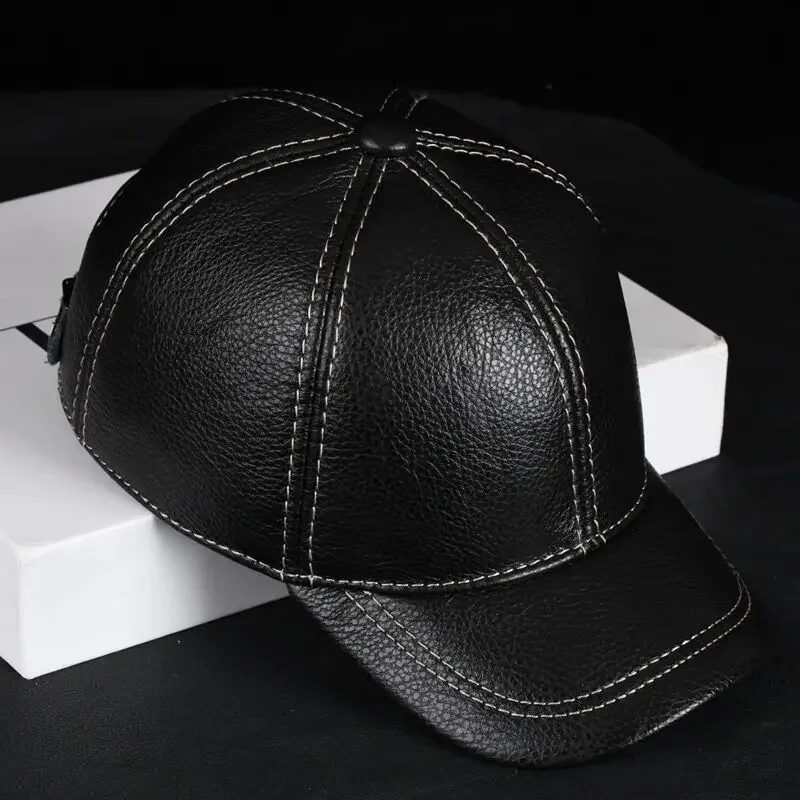 Winter Male Genuine Leather Baseball Caps Ear Protection Hockey Golf Fishing Gorras Trucker Hat For Man Bright Line Decoration