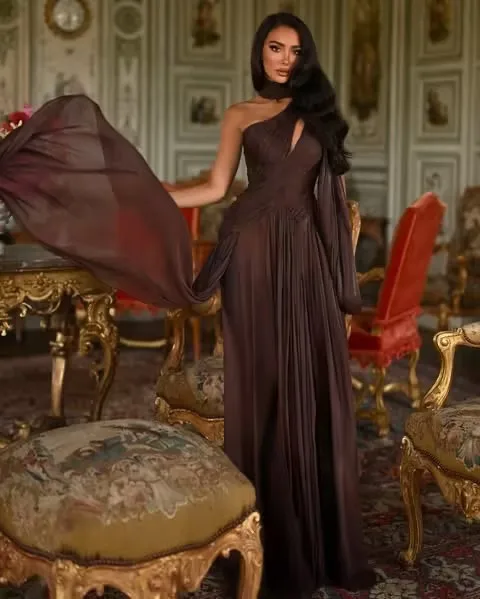 فستان سهرة شيفون بني من Verngo بكتف واحد على شكل حرف A فستان للحفلات الراقصة ماكسي شال مطوي فستان حفلات مخصص #2