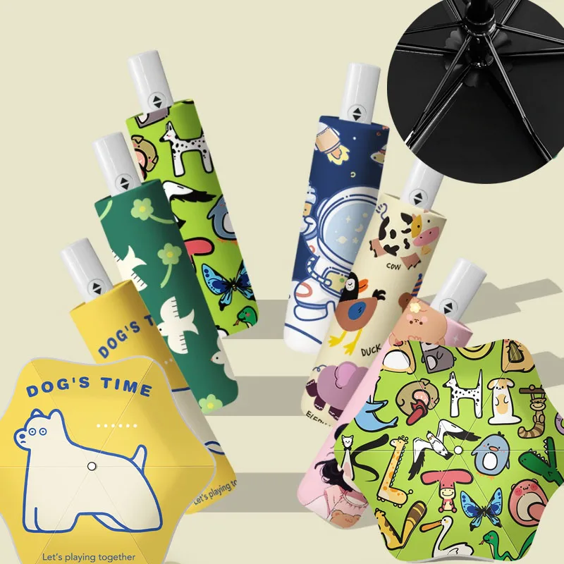Kids Auto Folding Umbrella Sun Rain Proof Black Coated UV Protection Anti-Wind Reversible Compact Parasol