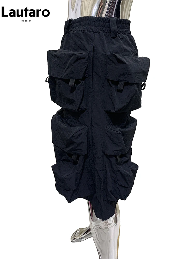 Lautaro Summer Autumn Thin Waterproof Black Nylon Cargo Shorts for Men with Many Pockets Luxury Designer Emo Techwear Clothes