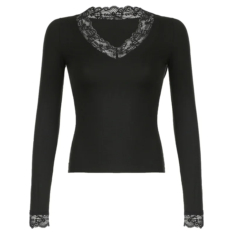 

French Sexy Lace Splicing Long-sleeved T-shirt V-neck Solid Color Slim-fit Women's Bottoming Shirt