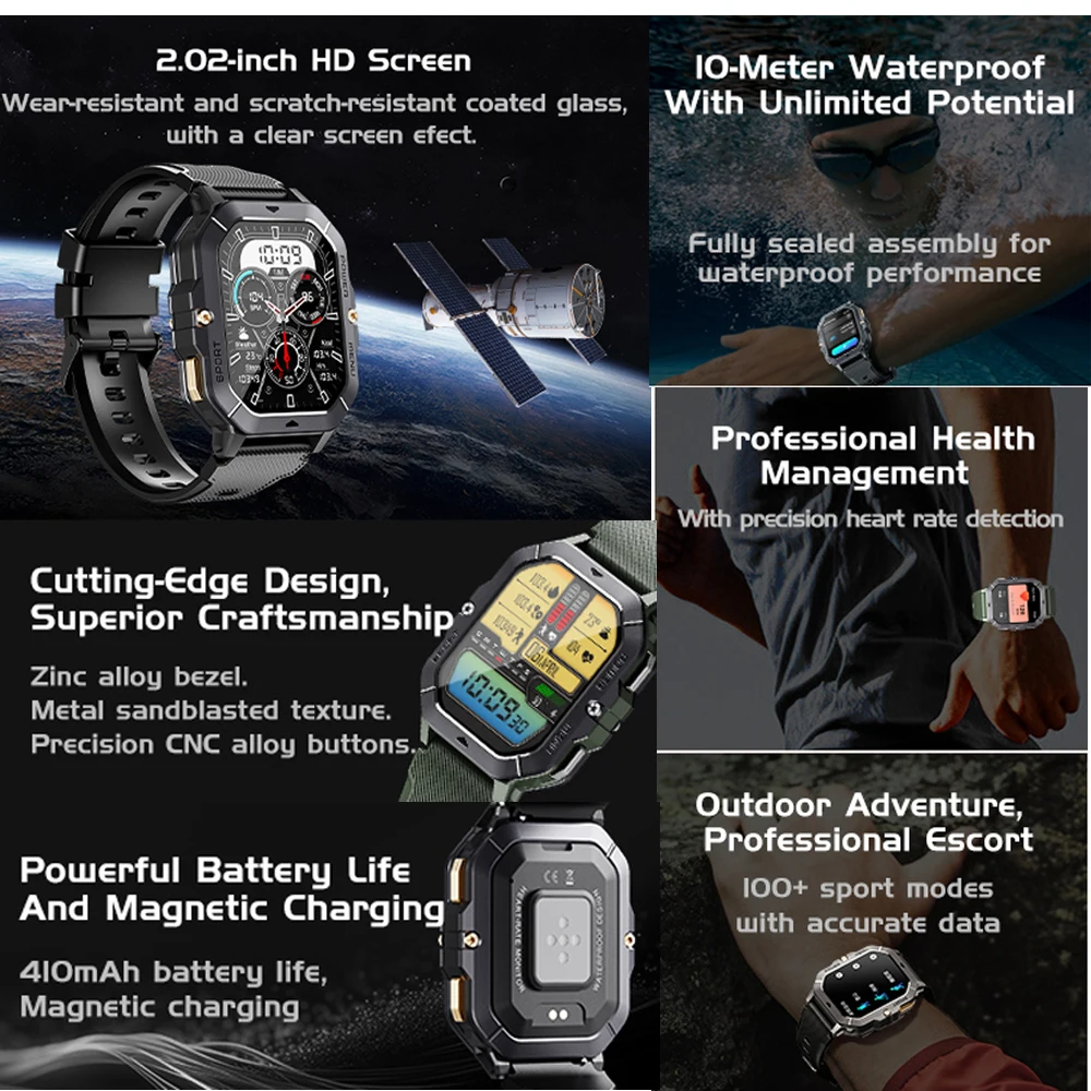 LEMFO C28 Military Smart Watch Men 2024 Outdoor IP68 Waterproof Heart Rate Blood Oxygen Monitor Smartwatch Original 2.02 Inch