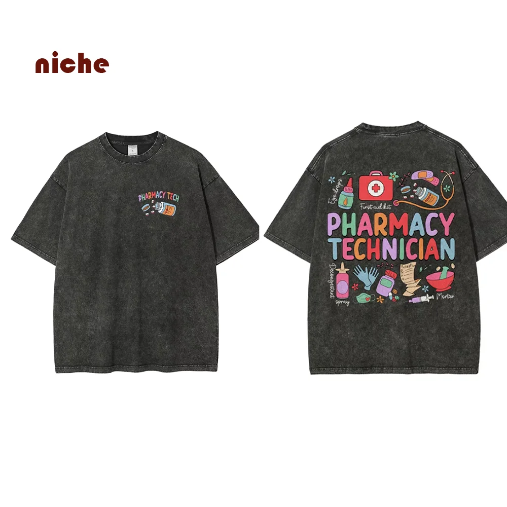 

Color Letter Cartoon Medical Tool Printing T-Shirt Fashion Trend Oversize Loose Wash Old Round Neck Pullover Short Sleeve