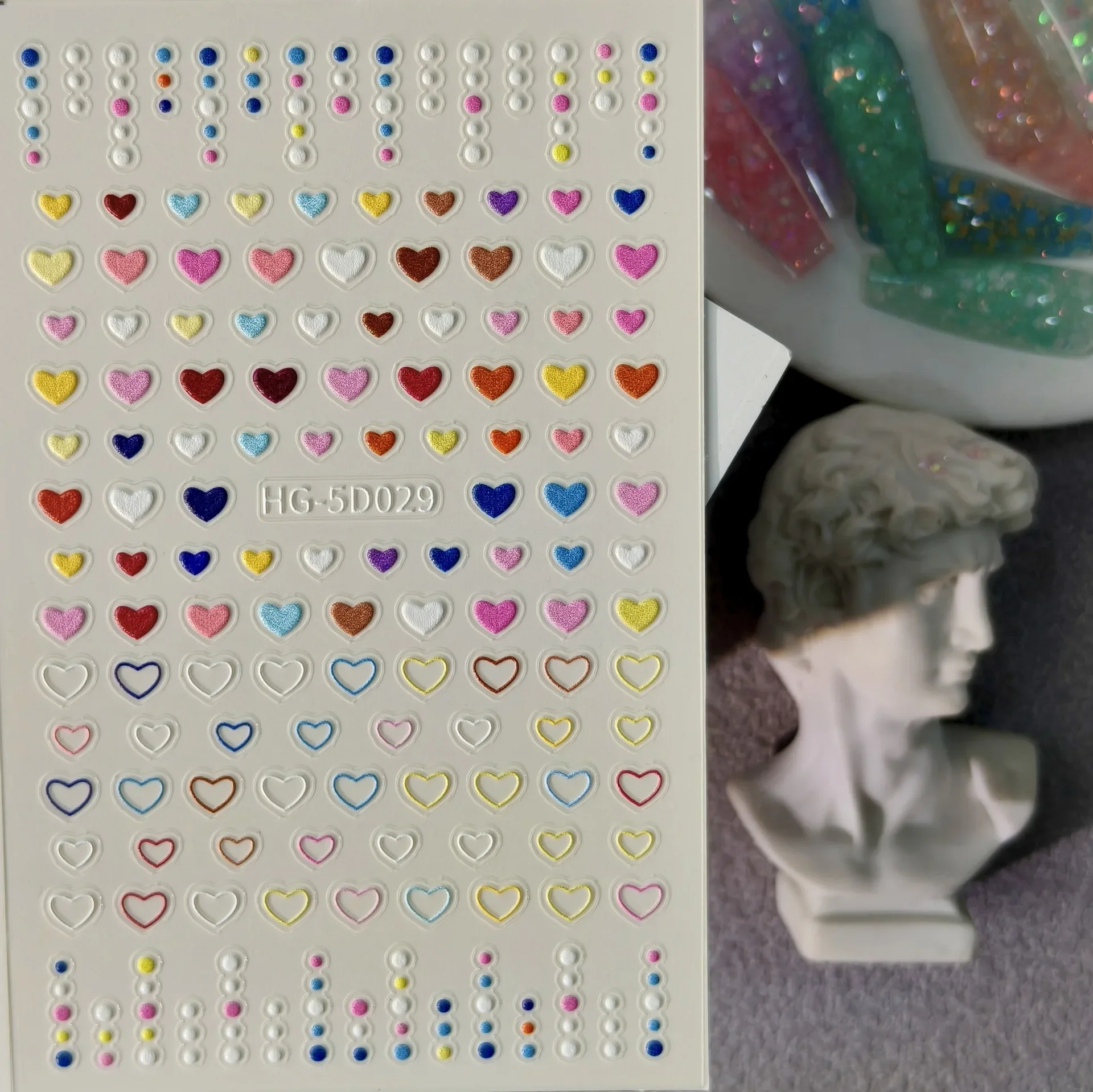 1 Set 5D Embossed Dopamine Heart Nail Stickers Macaron Pentagram Waterproof Self Adhesive DIY Manicure Nail Decor Ornaments