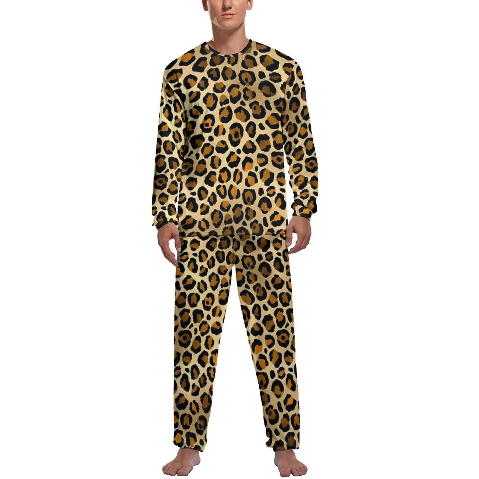 Orange Leopard Print Pajamas Spring  Casual Sleepwear Mens 2 Pieces Pattern Long Sleeve Fashion Pajama Sets