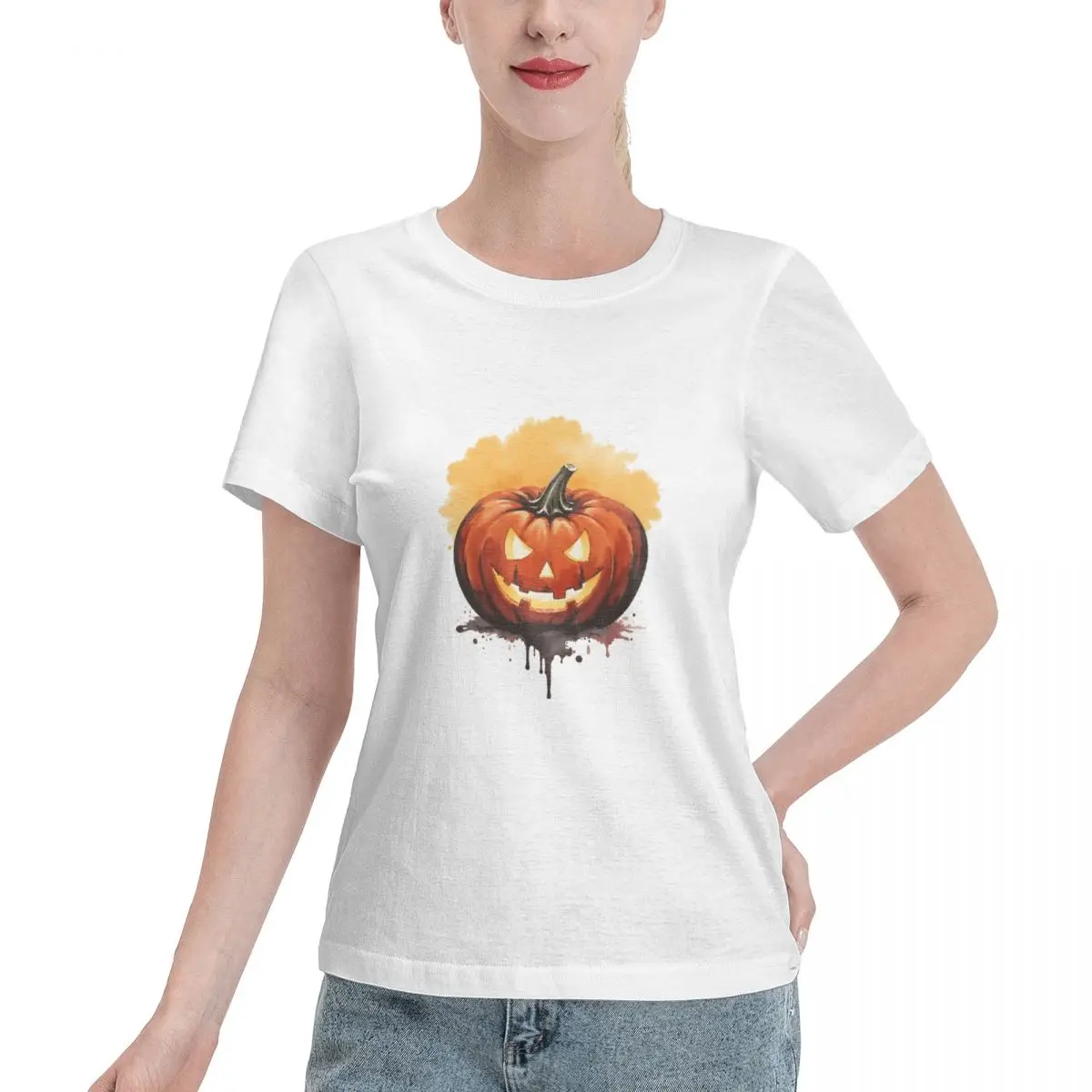 Halloween T Shirt Womens High Quality Combed Cotton Watercolor ArtDeco Pumpkin Spooky Orange Glow Design Ladies Fitted T Shirt