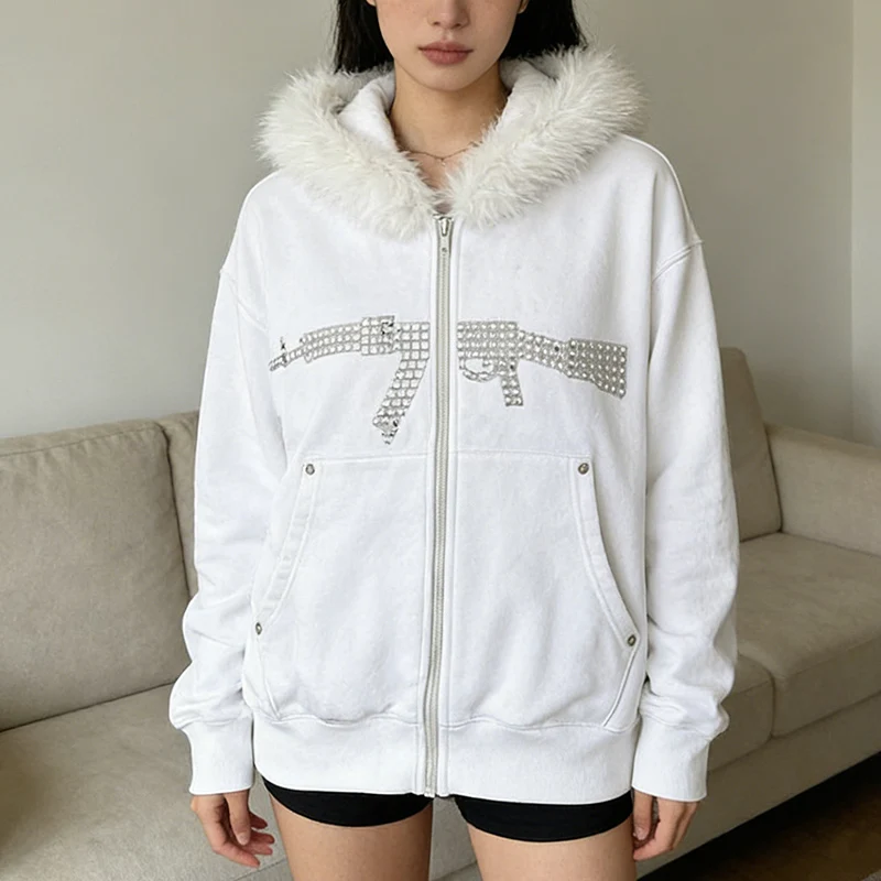 

Harajuku Women Hip Hop Streetwear Funny Niche Machine Gun Rhinestone Loose Hoodie American Fashion Plush Brim Long Sleeved Coat