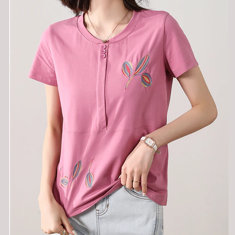 2023 Summer Casual Tshirts Embroidery Short Sleeve Tees Women Cotton T Shirt Women Button Loose Tops Ladies Korean Woman Clothes