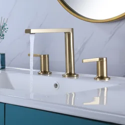 Bathroom Sink Faucet Brushed Gold Brass Basin Faucets Holes Double Handle Luxury Bathbasin Bathtub Taps Hot and Cold Mixer Water