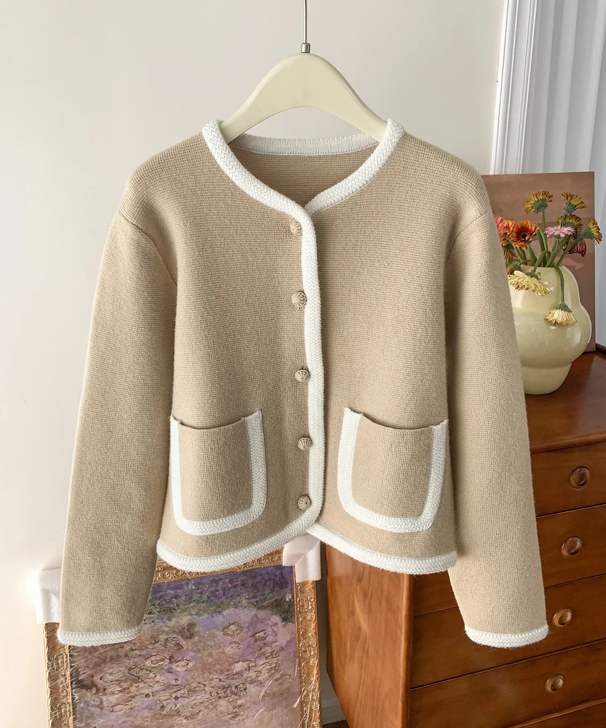 Fashion Patchwork Single Breasted Coat knitted Women wool cardigan Long Sleeve Pocket Jacket Autumn New Office Lady Crop Coats