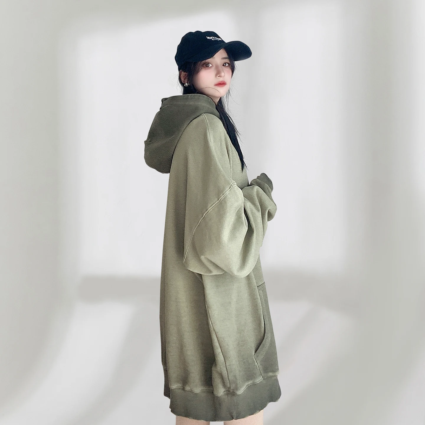 

Свободный оверсайз худи и длинные брюки для женщин, удлиненные, с градиентным цветом, в стиле lazy, европейская версия, цвет хаки, хлопковый свитшот