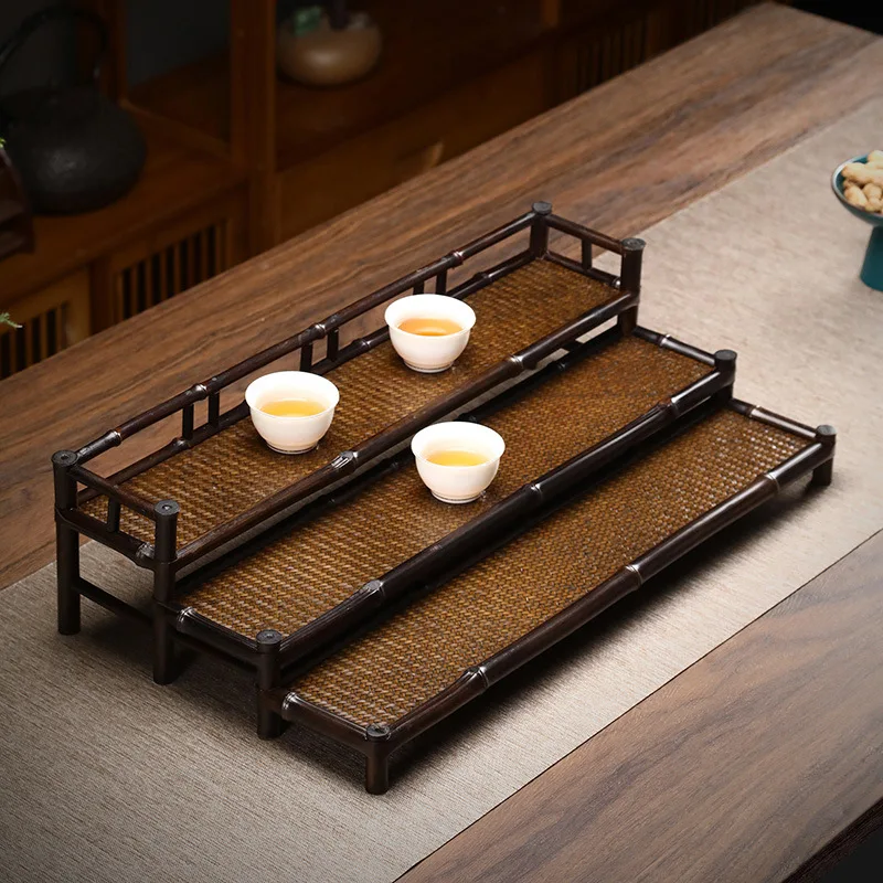 Tea Ceremony Accessories, Bamboo Tea Shed, Manual, Simple, Double-Layer, Three-layer Mat, Antique Shelf, Retro Play Shelf