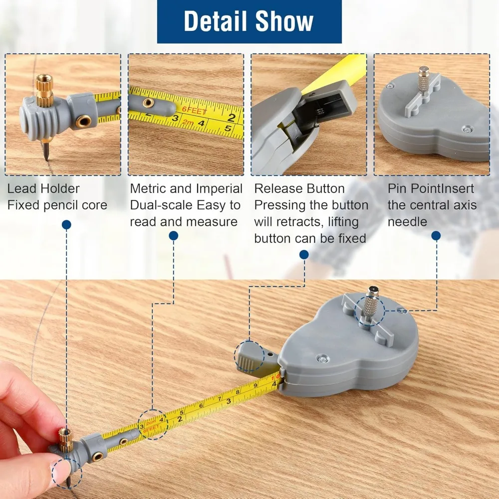 6.56피트 줄자 컴퍼스와 10개의 연필심을 사용하여 원과 선을 그리는 데 사용되는 빔 컴퍼스를 측정합니다.