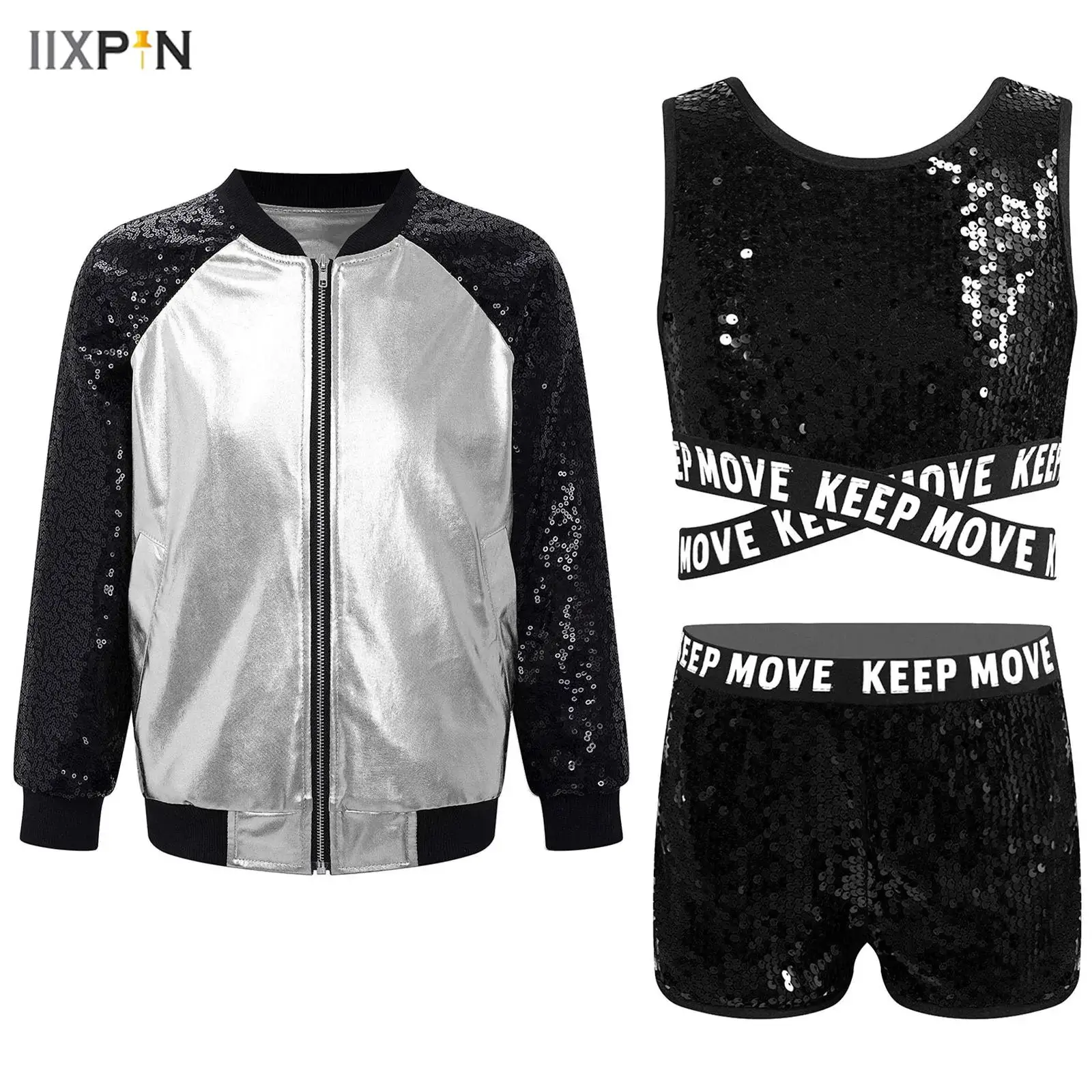 

Kids Girls Hip Hop Dance Costume Spaghetti Shoulder Straps Vest+Shorts+Long Sleeve Zipper Metallic Jacket Coat 3Pcs Sports Suit