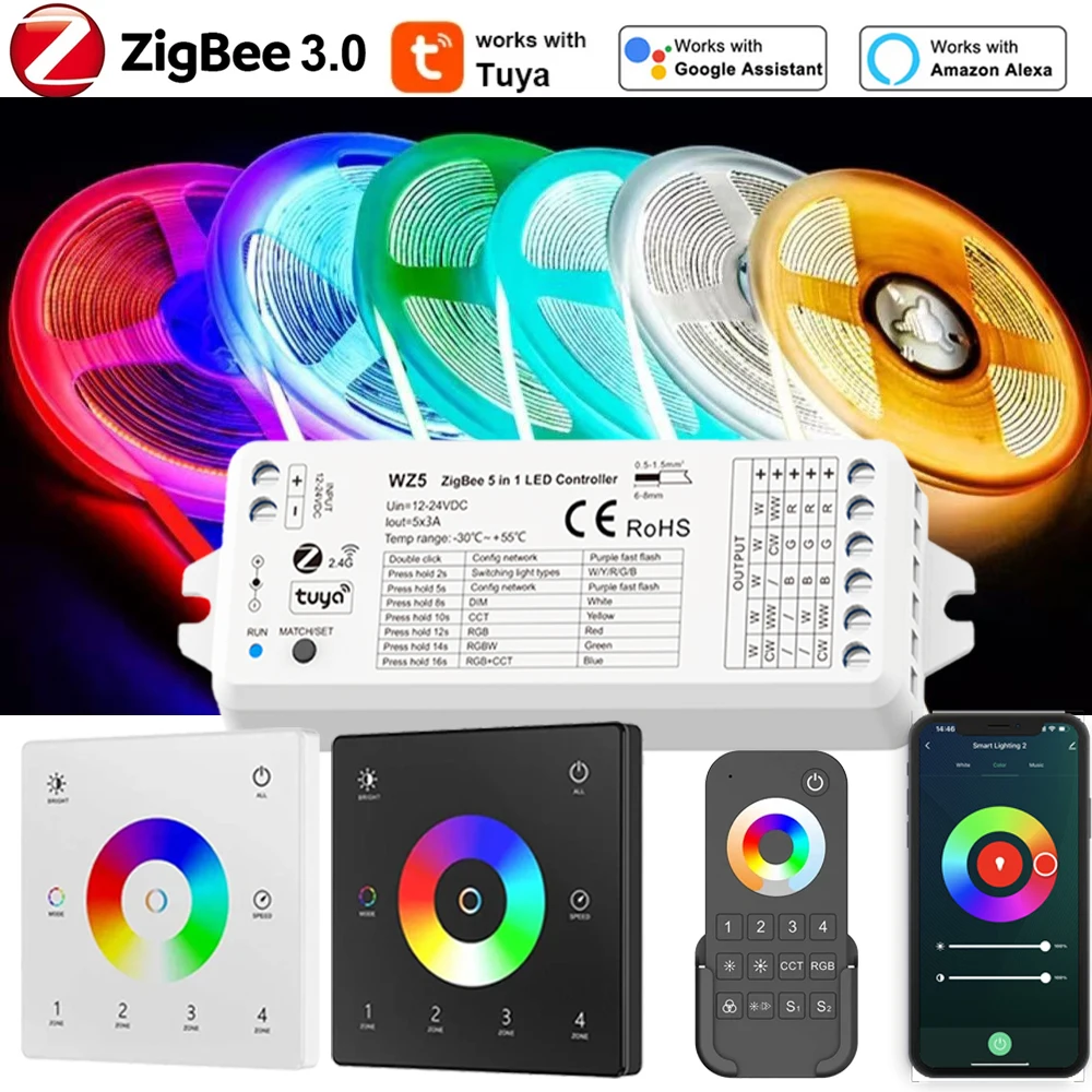 

Tuya Zigbee3.0 5in1 WZ5 Умный светодиодный контроллер DC24V COB Strip 5/10M Сенсорная панель Дистанционное приложение с затемнением Голосовое управление для Alexa Google