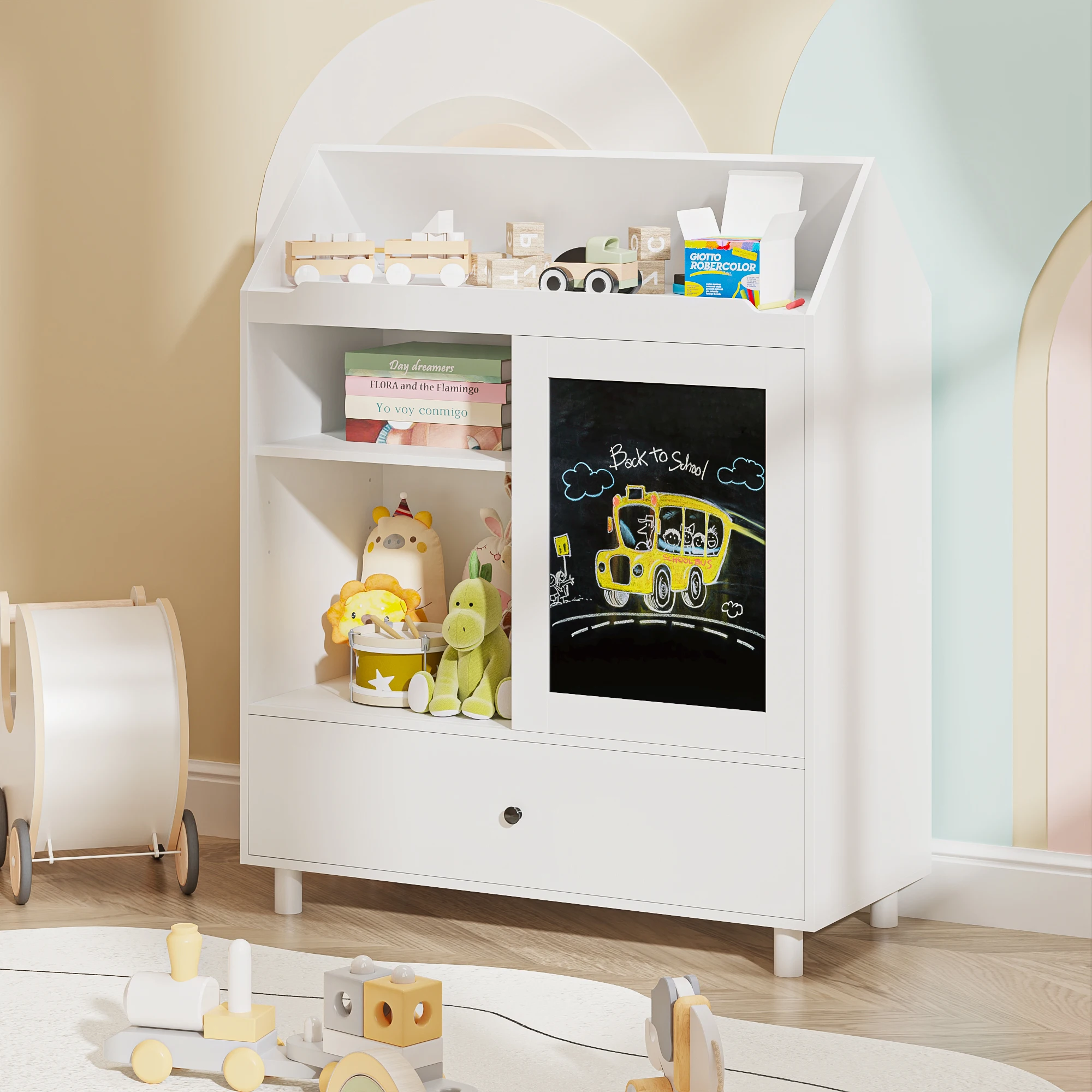 Rak Buku Anak Penyimpanan Mainan dengan Desain Rumah Papan Tulis Penyimpanan Mainan Anak dengan Pintu Geser Lemari Penyimpanan Mainan