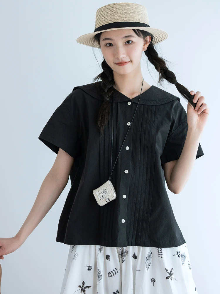 

Cotton Navy Collar Short Sleeve Shirt Shoulder Wide Back Thick Girl's Quality Daily Japanese Style Top Breathable Summer Shirt