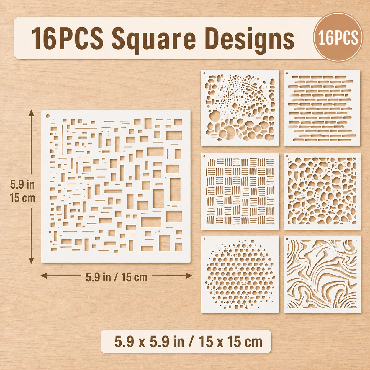 16PCS 5.9 x 5.9 inch Texture Stencils Reusable Pattern Painting Templates for DIY Wall Fabric Canvas Decor