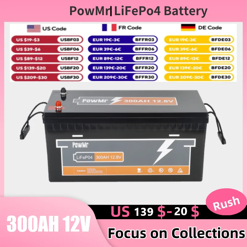 PowMr 12.8V 300Ah LiFePO4 Battery Grade A Cells Home Solar Energy Storage System Lithium Battery BMS 100% Capacity 6000+ Cycles