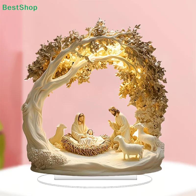 ♥ ديكور طاولة مشهد المهد-تمثال ولادة يسوع للعائلة المقدسة مع قوس شجرة وأغنام، هدية ديكور عيد الميلاد المسيحي #2