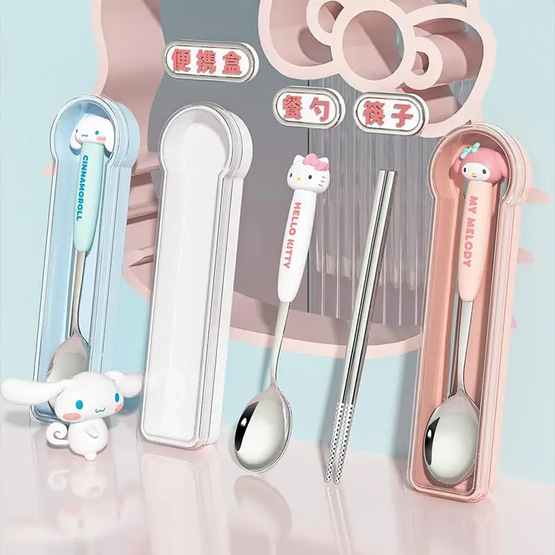 

Sanrio Cinnamoroll Portable Tableware Hello Kitty Melody Stainless Steel Portable Spoons Chopsticks Set Cutlery Camping Kid Gift