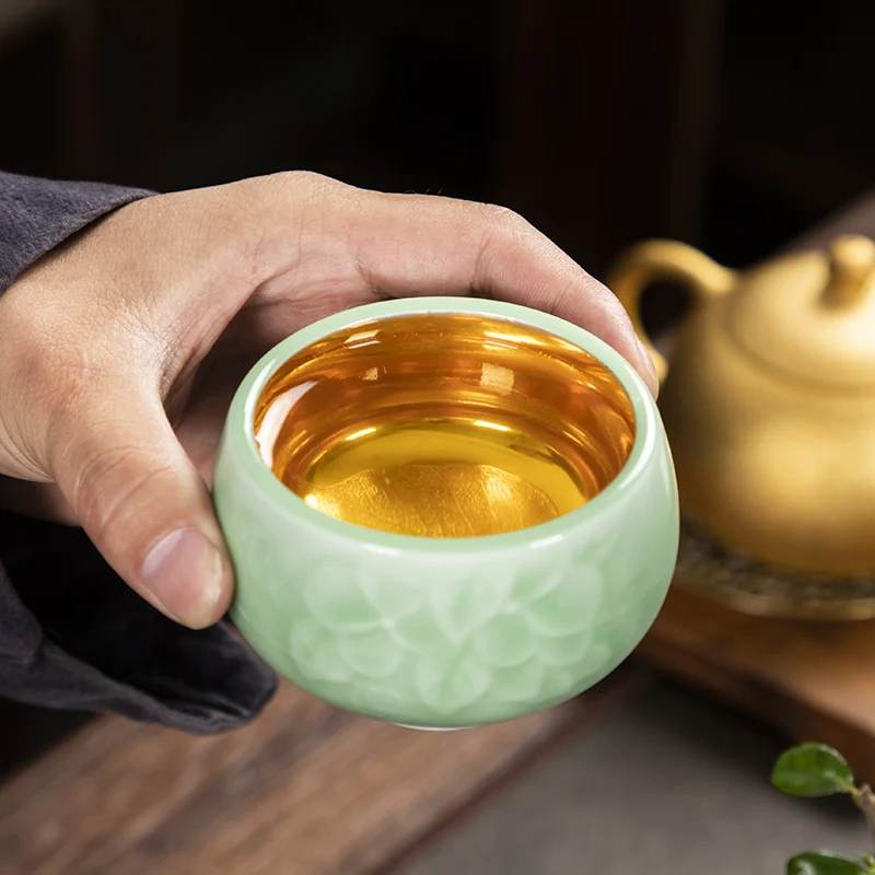 

|gold gilding the bodhi teacup high-end luxury celadon master cup tea set personal single cup sample tea cup cup by hand