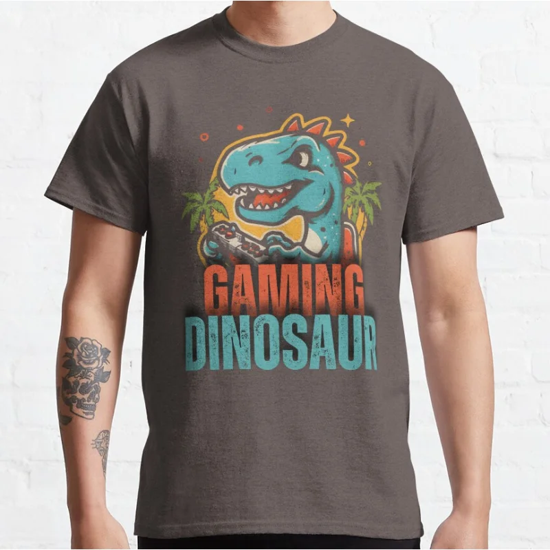 Dinosaur Playing Video Games Funny offline t rex 90s cartoon pixel dinosaur T-shirt for men large size Adult Tops S-6xl