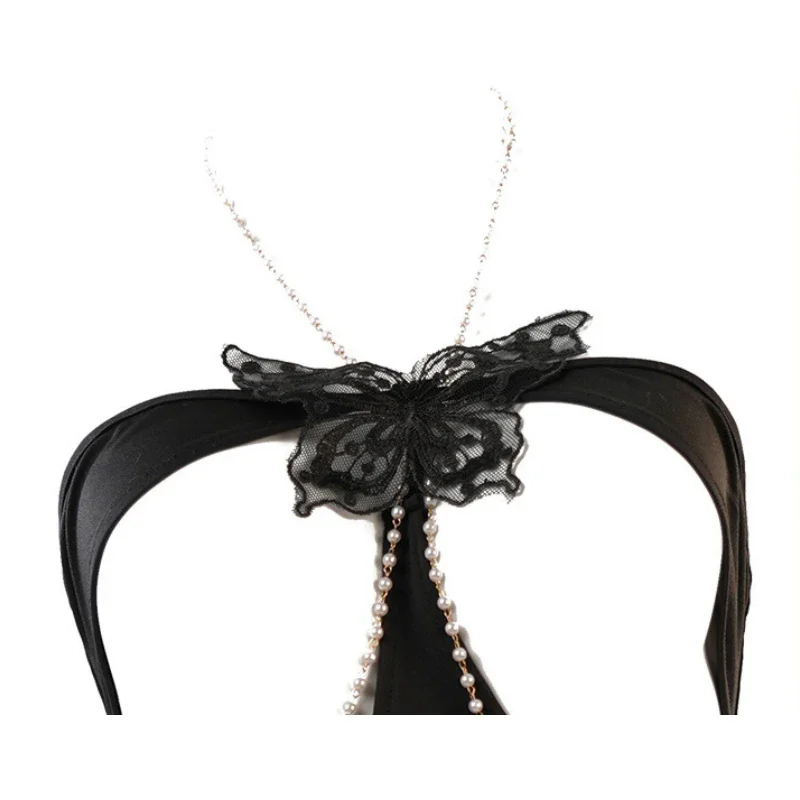 Hot Sell Sexy Butterfly Chest Hollow Mesh See Through Mini Nightdress Pearl Chain Women Underwear Role Play Lingerie Nightgown