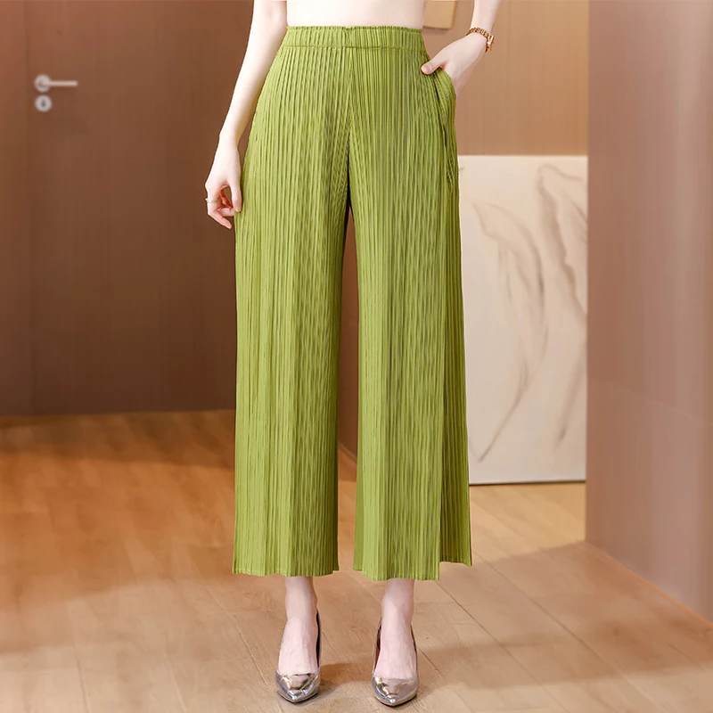 Miyake Pleated Wide-leg Pants Hip-covering Thin Fashionable Simple Casual Pants Elastic Waist Solid Color Pleated Wide-leg Pants