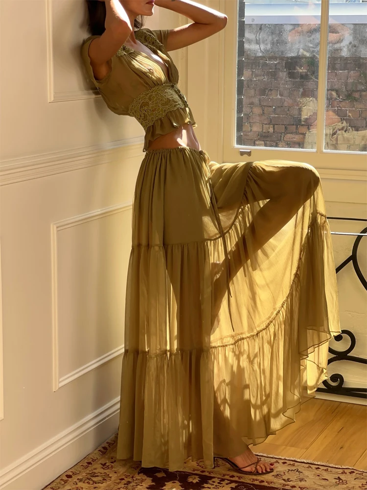 

Elegant Tiered Maxi Skirt 2-piece Set Women Short Sleeve Lace Trim Deep V See Through Crop Top Suit Lady Vacation Beach Outfit