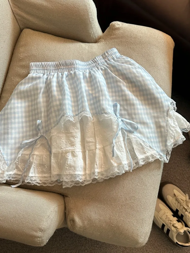 

Summer Lace Splice Blue White Plaid Cake Skirt Women's Elastic Waist Slimming A-Line Sweet Short Skirt Casual Style