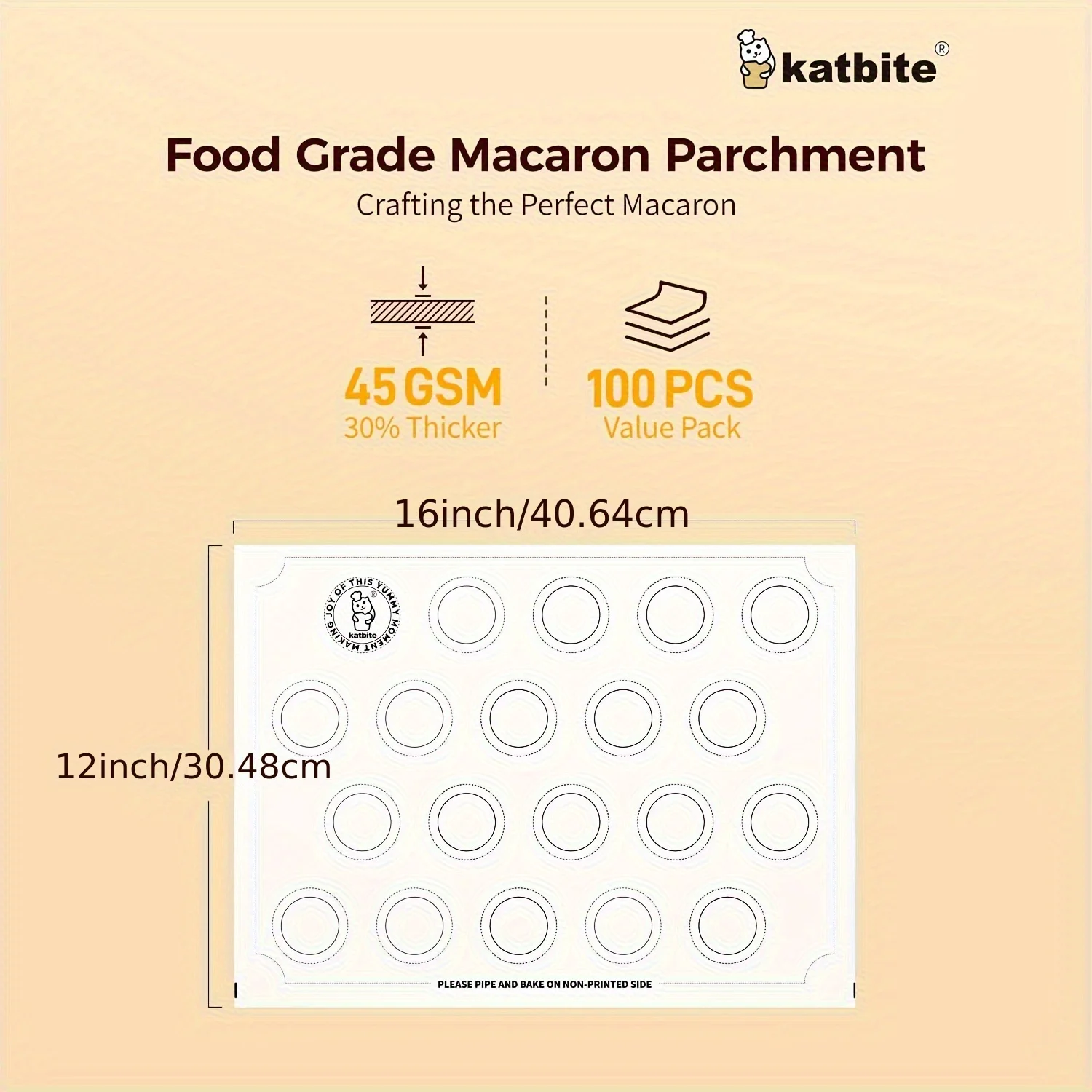 Katbite 100pcs Macaron Parchment Paper 12x16 Inch, Precut & Printed with Macaron Template, Non-Stick Heavy Duty Baking Paper