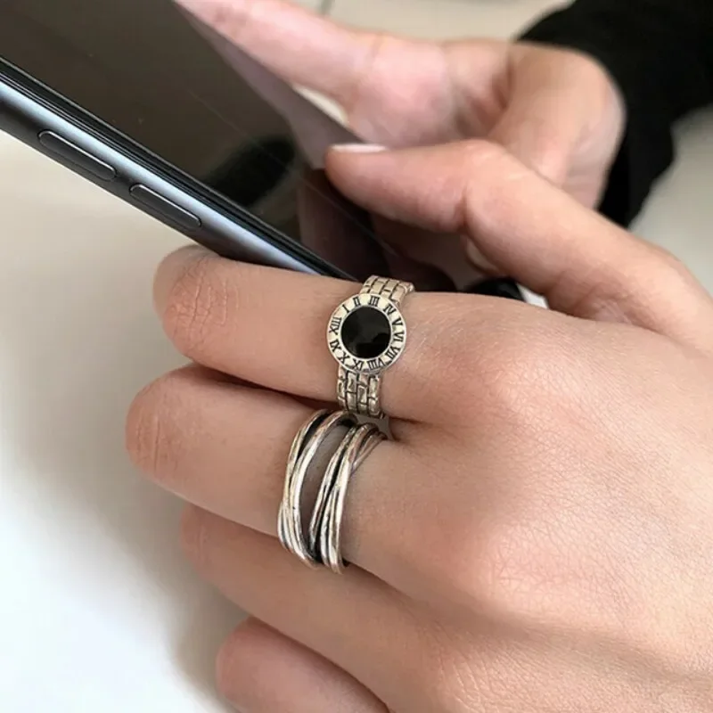 

Fashion 925 Sterling Silver Roman Numerals Rings for Women Black Stone Vintage Punk Multilayer Geometric Party Jewelry Gift