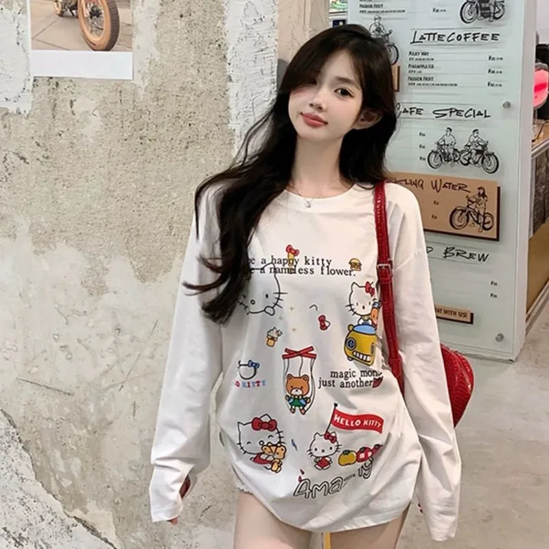 Sanrio Hello Kitty Sweet Cute Cartoon Printed Long Sleeved Base Tees Korean Version Loose Casual White Round Neck Versatile Top