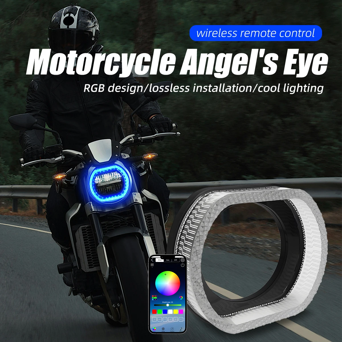 

1PC LED Motorcycle Angel's Eye Headlight Accessories 12-24V APP Control Daytime Running Light IP65 Waterproof Decorative Light