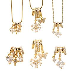 1pc New Brass Charms Gold Color Micro Pave Clear Cubic Zirconia Flower Butterfly Heart Pendant DIY Necklace Women Jewelry Gift
