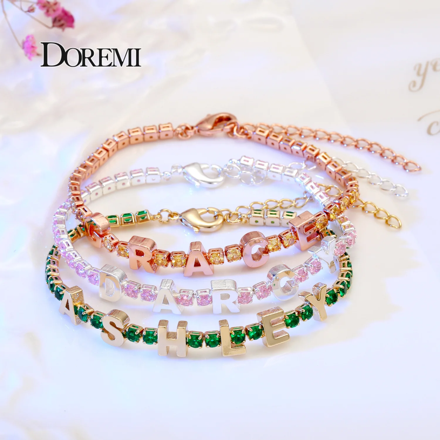 DOREMI New Custom Letters Bracelet Tennis Chain Colorful Zircon Personalized Name Bracelet Women Exquisite Customized Gift