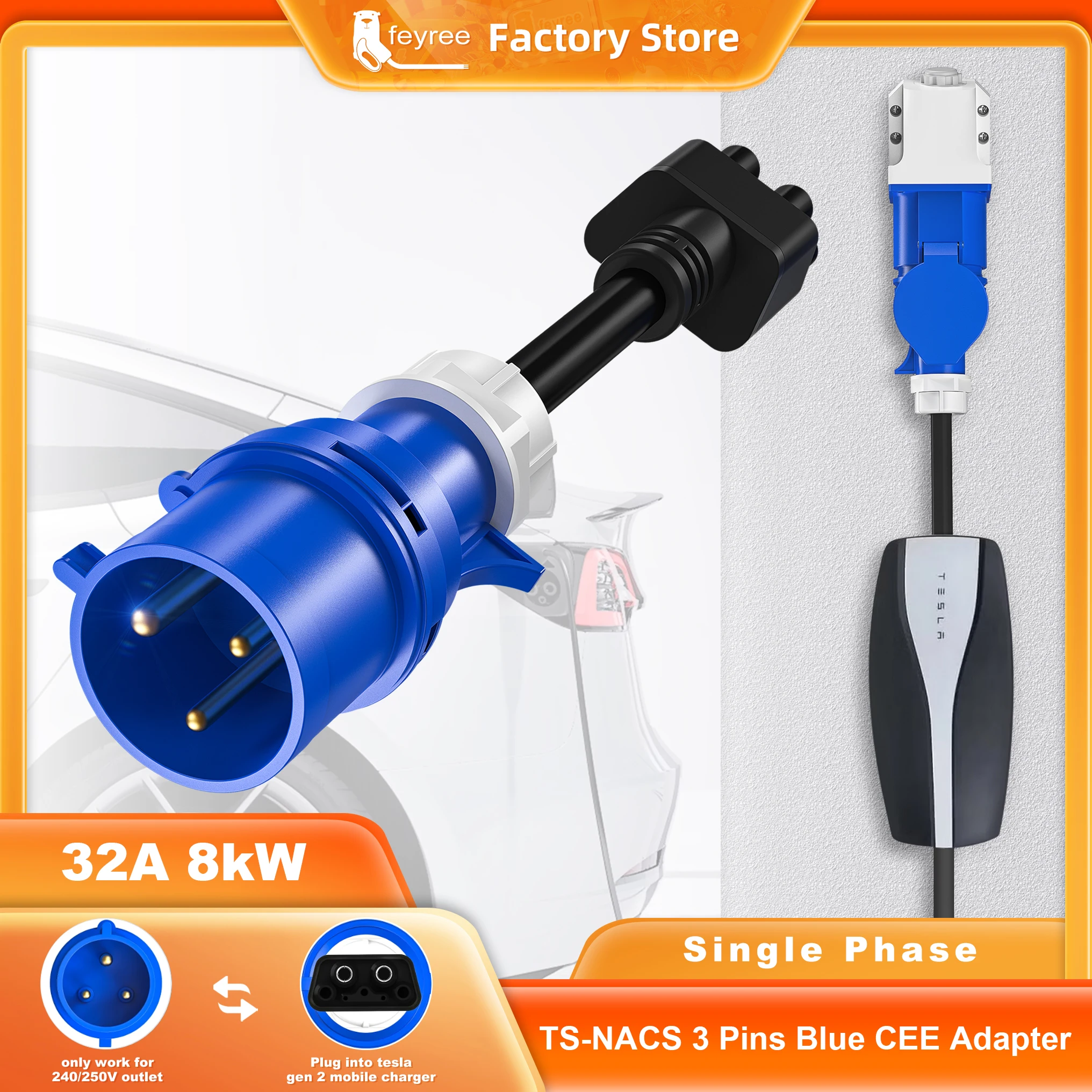 Feyree Tesla Model S için TS-NACS 3 pin mavi CEE adaptörü, 3,X,Y Gen 2 elektrikli araç şarjı uzatma konektörü 240V çıkış 32A 10 inç