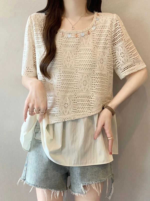 

Bohemian Style Hook Flower Hollow out Shoulder Women's Shirt Summer New plus Size Doll Top Korean Loose Fit round Neck Short ...